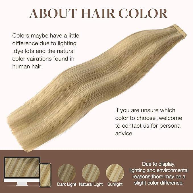 GOO GOO Tape in Hair Extensions Human Hair, 16/22 Light Blonde Highlighted Golden Blonde, 26inch 60g 20pcs, Skin Weft Seamless Invisible, Silky Straight with Thick Ends, Remy Human Hair
