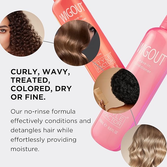 Style Factor WIGOUT Leave-In Conditioner Spray – Lightweight Hydrating & Conditioning Mist Controls Frizz, Adds Shine & Softness For Dry Damaged Hair No-Rinse Formula for All Hair Types - Pink