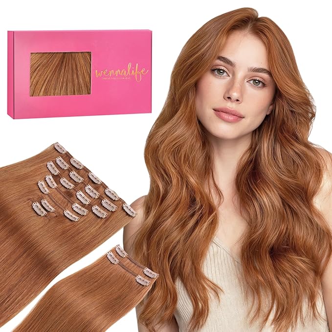 WENNALIFE Clip in Hair Extensions, 150g 24 Inch 9pcs Cinnamon Terra Copper Remy Hair Thicker Double Weft Extensiones De Cabello Humano Con Clip Ins Straight Full Volume