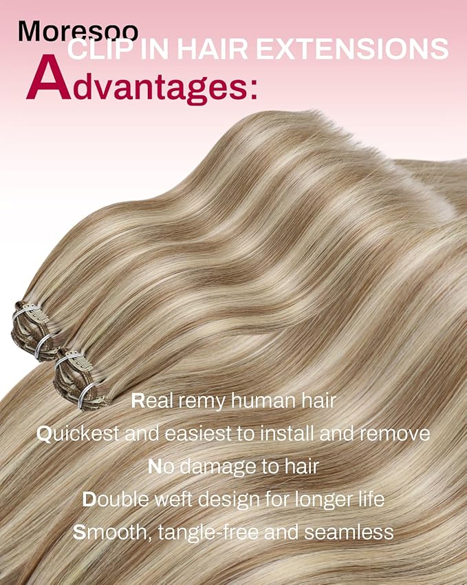 Moresoo Clip in Hair Extensions Brown with Blonde Highlights Double Weft Real Human Hair Clip in Extensions 16 inch Medium Golden Brown with Platinum Blonde Remy Straight 80g/5pcs