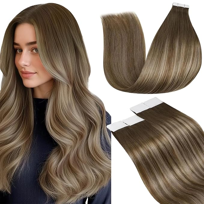 LaaVoo Tape in Hair Extensions Human Hair Balayage Light Brown to Ash Brown Hair Extensions Tape in Real Human Hair 14 Inch 50g 20pcs