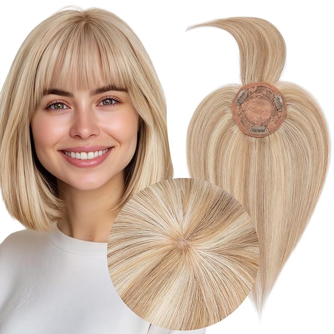 MY-LADY Human Hair Toppers for Women Real Human Hair with Bangs Thin 8.5 * 8.5CM Mono Base Clip in Remy Hairpieces Light Weight 10 Inch Golden Brown Mixed Bleach Blonde