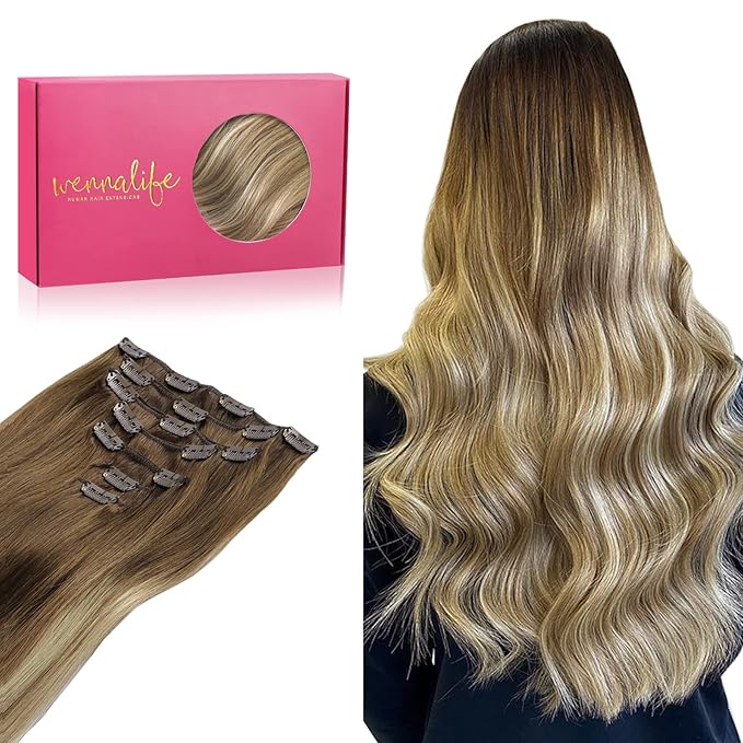 WENNALIFE Clip in Hair Extensions Real Human Hair, 18 Inch 120g 7pcs Ombre Walnut Brown to Ash Brown and Bleach Blonde Clip in Human Hair Remy Clip in Hair Extensions Real Human Hair Double Weft