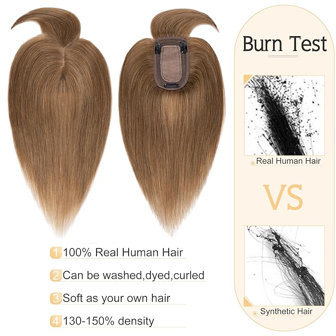 SEGO Hair Toppers for Women Real Human Hair With Bangs, 7 * 13CM Silk Base 100% Remy Human Hair Clip in Top Wiglet Hairpieces Add Volume /6 Inch Light Brown