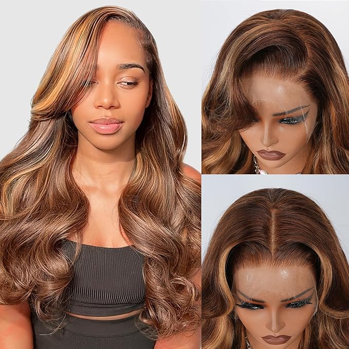 4/27 Highlight Ombre Body Wave Human Hair 13x4 Full Frontal Lace Wig Skinlike HD Lace Wig 0.1mm Ultra-thin Invisible Bleached Tiny Knots with Hairline Honey Blonde Balayage 200% Density Glueless Wig