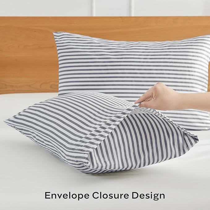 JELLYMONI 100% Natural Cotton Plaid King Pillowcases Set, 2 Pack Dark Gray with White Stripes Pattern Printed Pillow Covers with Envelope Closure(Pillows are not Included)