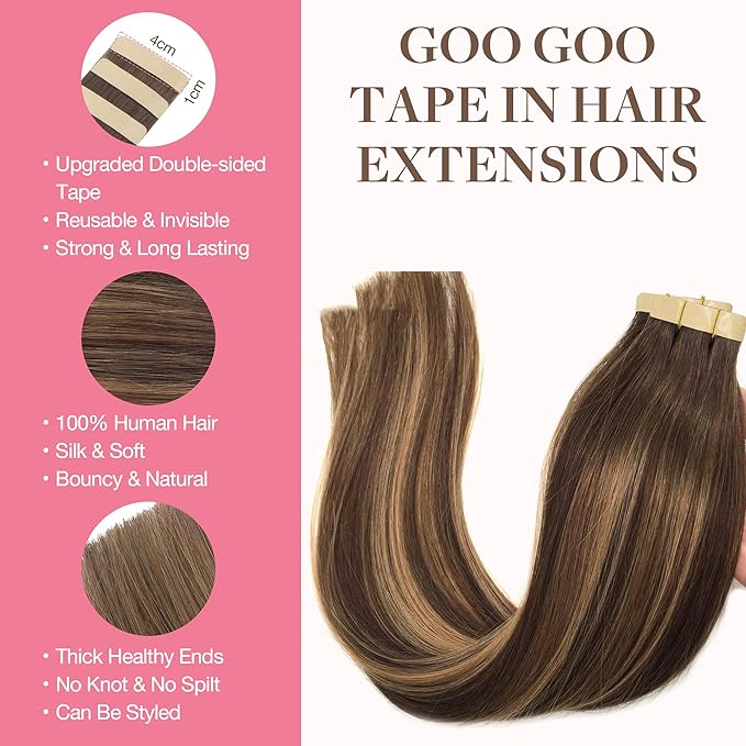 GOO GOO Tape in Hair Extensions Human Hair, 4/27/4 Balayage Chocolate Brown to Caramel Blonde, 16inch 50g 20pcs, Thick Ends Straight Seamless, Invisible