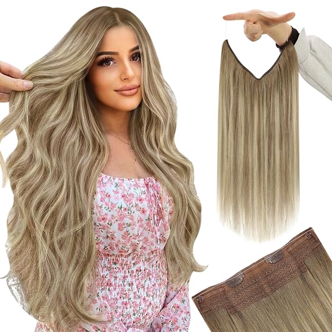 YoungSee Wire Hair Extensions Light Brown Wire Hair Extensions Real Human Hair Light Brown Mix Platinum Blonde Human Hair Fish Line Extensions for Women 70G 12Inch