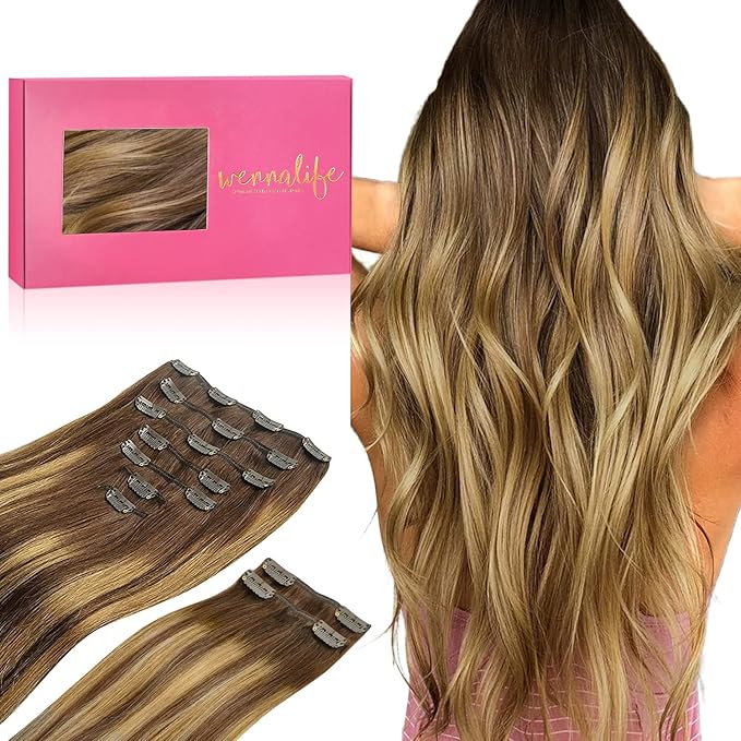 WENNALIFE Clip in Hair Extensions, 150g 22 Inch 9pcs Balayage Chocolate Brown to Caramel Blonde Human Hair Extensions Thicker Clip in Hair Extensions Real Human Hair Clip Set Double Weft
