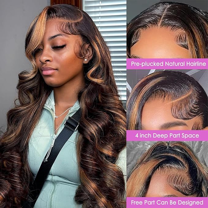 Body Wave Lace Front Wigs Human Hair 1B/30 Highlight Ombre Lace Front Wig Human Hair 13x4 Transparent Lace Frontal Black with Brown Highlight Wig for Women 200 Density Glueless Wigs 24 Inch