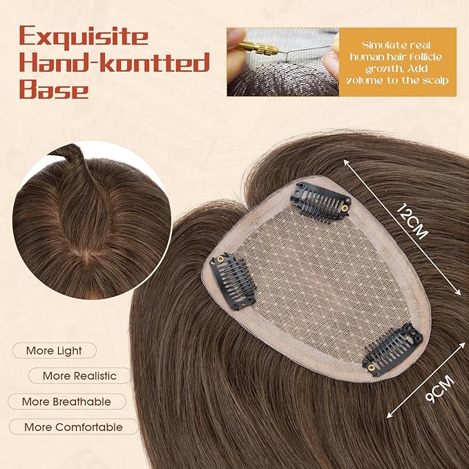 Rich Choices Human Hair Toppers for Women-100% Real Remy Hair Topper No Bang-Upgraded 150% Density 9 * 12CM Lace Base-Clip in Hairs Topper for Thinning Hairs-10Inch #2 Dark Brown