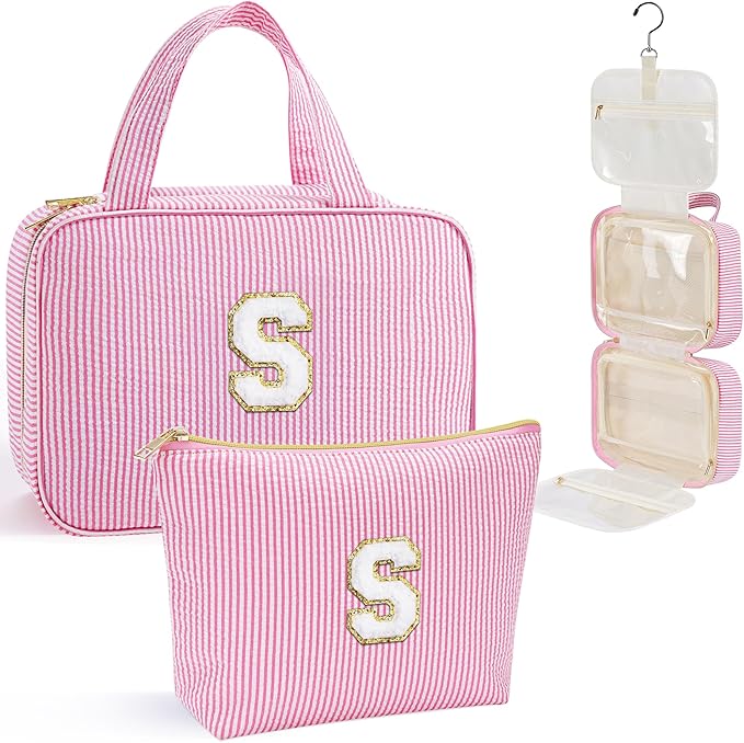 YOOLIFE Hanging Toiletry Bag - Large Capacity Personalized Travel Toiletry Bag for Women, Cruise Ship Essentials - Letter S, Pink