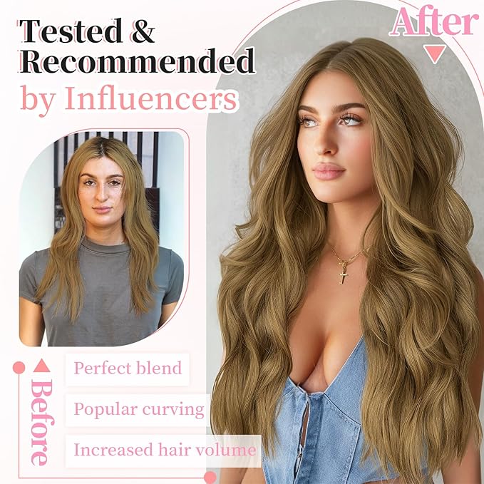 KooKaStyle Clip in Synthetic Hair Extensions Long Wavy 4PCS Thick Hairpieces Brown with Multi - Tone Highlights Fiber Double Weft Natural Hair Extensions 20 Inch for Women