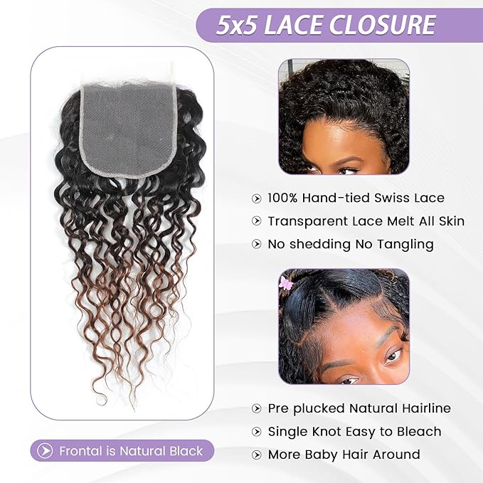 T1B/2/30 Ombre Water Wave Lace Closure 5x5 100% Real Human Hair 16 Inch Chestnut Brown Ombre Water Wave Transparent Lace Closure