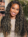 KLAIYI Ombre Highlight Blonde Water Wave Glueless Pre Everything 13x4 Lace Front Wigs Human Hair Drawstring Pre Plucked Pre Bleached Bye Bye Knots Curly Wig with Dark Roots Ready to Wear and Go 18Inch