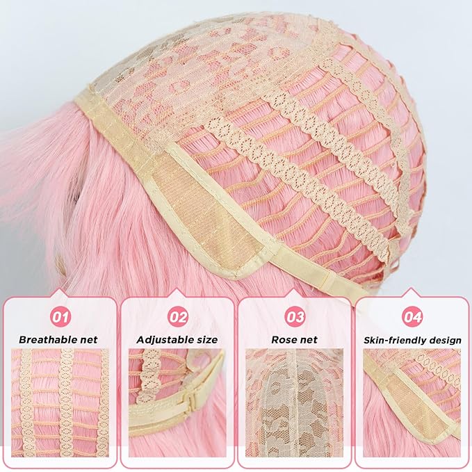 NOBLE Pink Wig Bob Wig with Bangs Short Loose Wavy Wigs for Women Shoulder Length Heat Resistant Synthetic Hair Bob Wavy Colored Wigs for Halloween Cosplay 12 Inches