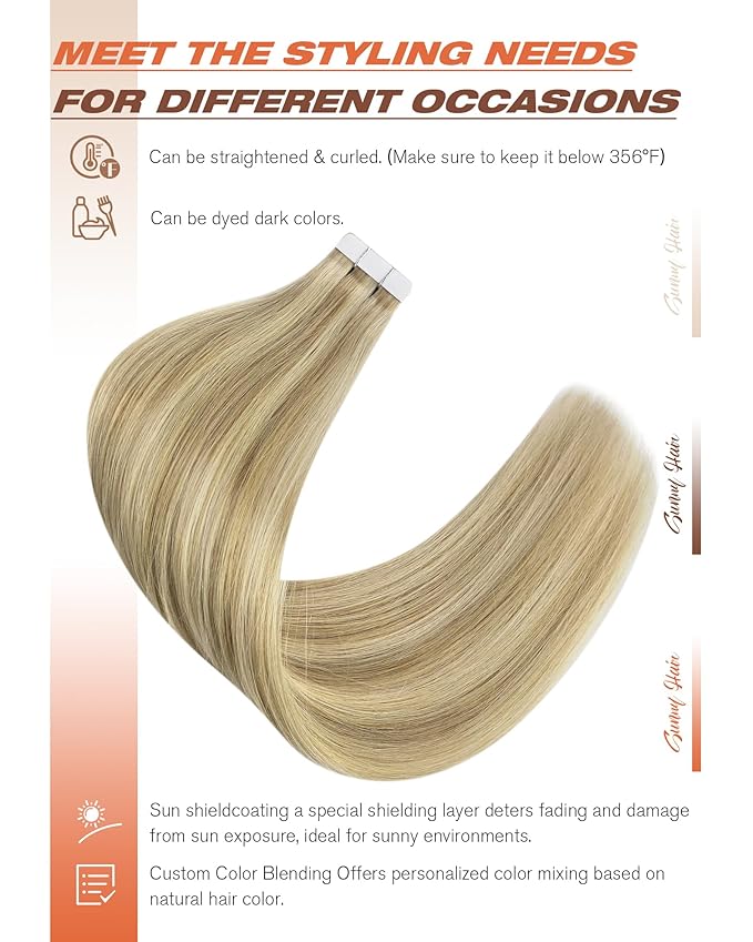 Sunny Hair Tape in Hair Extensions Real Human Hair Invisible Remy Hair Extensions Tape ins for Women Golden Blonde Highlight Medium Blonde 16 inch 20Pcs 50G