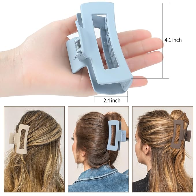 4 Inch Big Hair Claw Clips 6 Pcs Large Claw for Thick Hair Square Hair Clips for Women Rectangle Hair Clips Nonslip Acrylic Banana Jaw Clips Hair Accessories for Girls (Brown Blue)