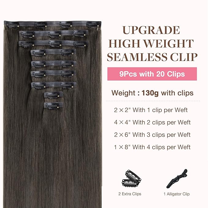 GOO GOO Clip in Hair Extensions Real Human Hair, Remy Human Hair Extensions Clip ins for Women, Natural Human Hair, 14inch 130g 9Pcs, 1C Mocha Brown