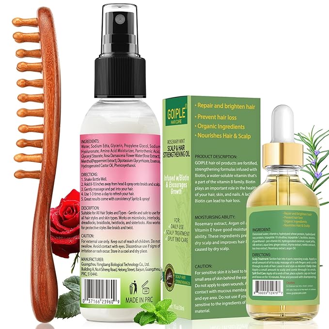 Rose Water for Hair Loc Spray Refreshing for Locs Rose Water Hair Scalp Moisturizer Hydrating Dreadlock | Loc Brush for Dreads Comfortable Massage Wide Tooth Comb & Rosemary Oil for Hair Growth Set
