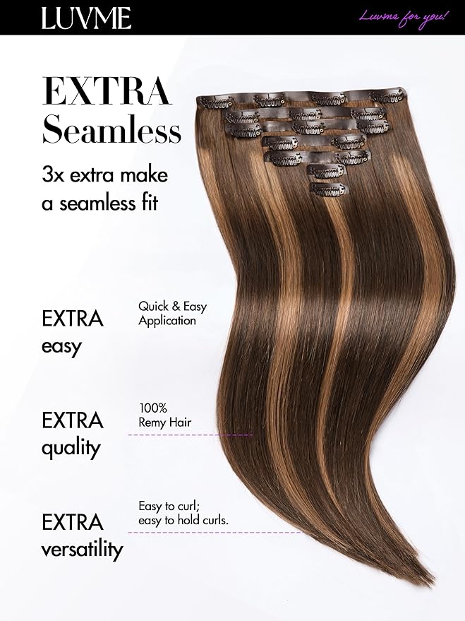 LUVME Straight Seamless 110g 7Pcs Clip in Hair Extensions Full Max with 20inch Remy Human Hair Extensions, Highlight Color 100% Real Soft