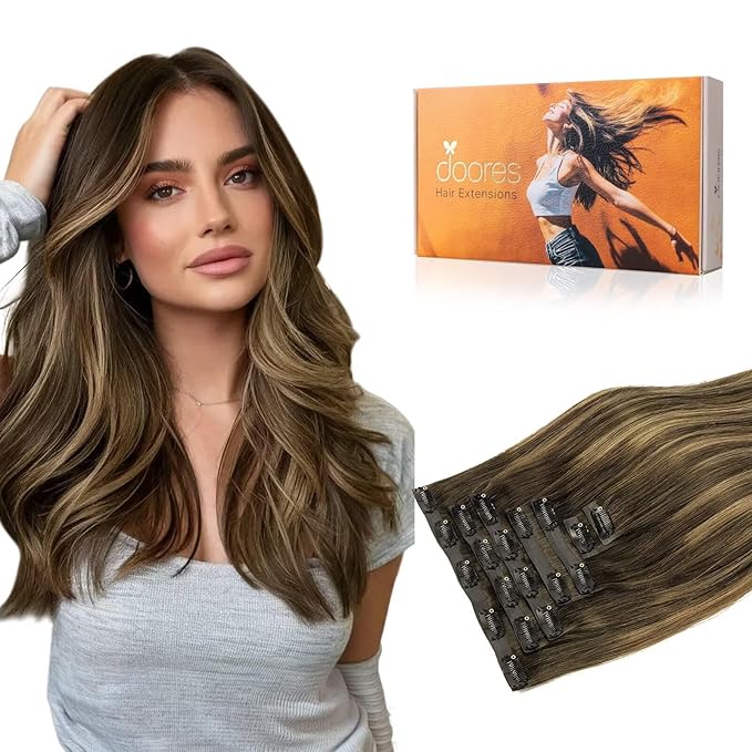 DOORES Clip in Hair Extensions, Chocolate Brown to Caramel Blonde 150g 7pcs 20 Inch Virgin Straight Human Hair Extensions for Women