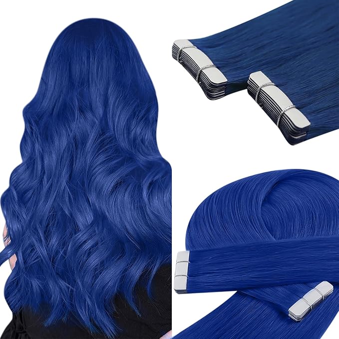 YoungSee Tape in Hair Extensions Human Hair Blue Human Hair Tape in Extensions Blue Tape in Human Hair Extensions 12Inch Short for Women 10Pcs 25G