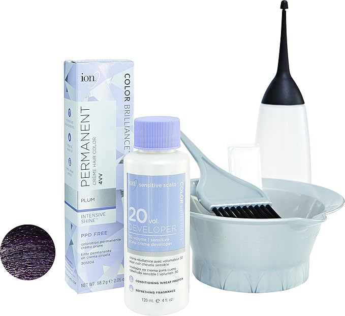 ion Permanent Creme Hair Color 4VV Plum, Vegan, Cruelty Free, PPD Free, 100% Gray Coverage, LongLasting, FadeResistant Color, 2.05 oz