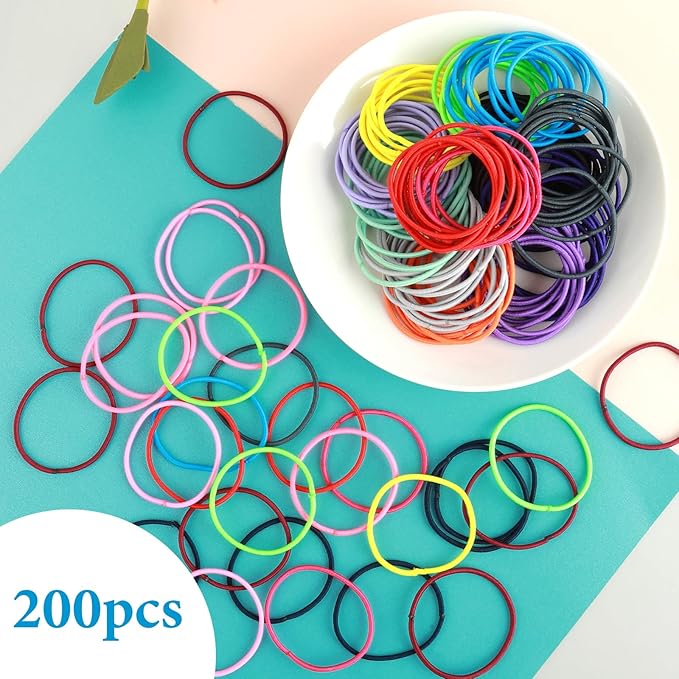 200PCS Basics Pony Tail Hair Ties, Multicolor Hair Ties, Elastic Rubber Bands for Women, Seamless Ponytail Holders for Thick Curly Hair, Thin Curly Hair Ponytail Holder (Rainbow Colors)