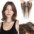 Hairro Human Hair Toppers with Side Bangs, 3D 360° Seamless Real Hair Toppers, Hand-Tied with 3.5"x4.7" T-shaped Base, Clip-In Hairpieces to Add Volume on Top, 11 Inch Dark Brown