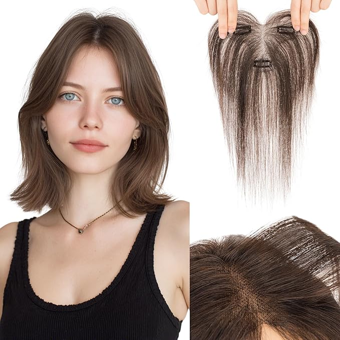Hairro Human Hair Toppers with Side Bangs, 3D 360° Seamless Real Hair Toppers, Hand-Tied with 3.5"x4.7" T-shaped Base, Clip-In Hairpieces to Add Volume on Top, 11 Inch Dark Brown