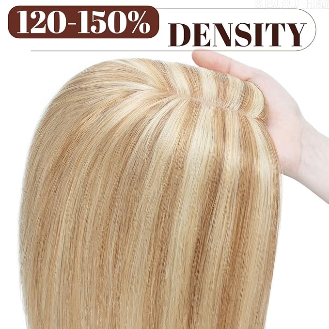 SEGO Real Human Hair Topper for Women without Bangs, Hair Topper with Anti-Slip Clips (14 Inches Golden Brown Mix Bleach Blonde)