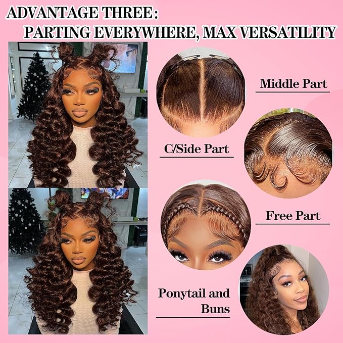 MEIMEI 30 Inch 250% Density HD Full Lace Front Wigs Human Hair Loose Deep Wave Chocolate Brown 15A Grade Real Full Large Lace Space Brown 13x4 Loose Wave Lace Frontal Wigs Human Hair Pre Plucked