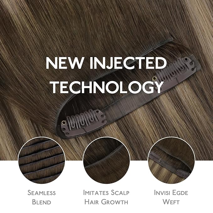 WENNALIFE Invisi Edge Clip in Hair Extensions Real Human Hair, 24 Inch 160g 7pcs Balayage Chocolate Brown to Caramel Blonde Seamless Clip in Extensions Remy Hair Clip Ins Invisible Skin Weft Straight