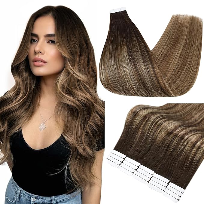 Full Shine Human Hair Extensions Tape in 16 Inch Seamless Tape Extensions Human Hair Color 2 Fading to 3 Brown and 27 Blonde Invisible Remy Extensions 20PCS Tape Ins Human Hair Extensions 50g