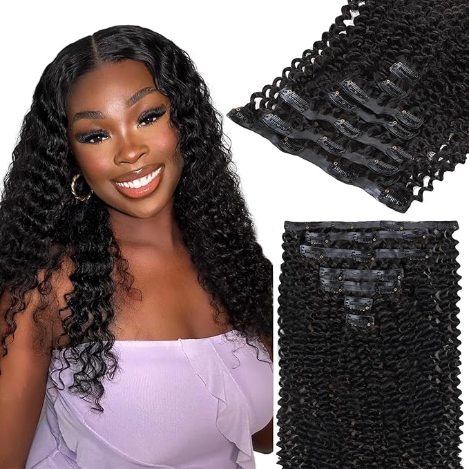 Lashey Seamless Clip in Hair Extensions Human Hair 110g 7pcs Kinky Curly Clip in Hair Extensions Real Human Hair with Soft PU Skin Weft for Women 22 Inch Natural Black
