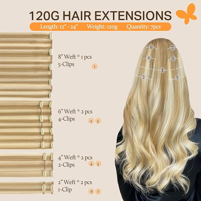 DOORES Hair Extensions Clip in Human Hair, Balayage Dark Blonde Highlighted Bleach Blonde 120g 7pcs 14 Inch, Remy Thick Real Human Hair Extensions Clip ins Natural Weft