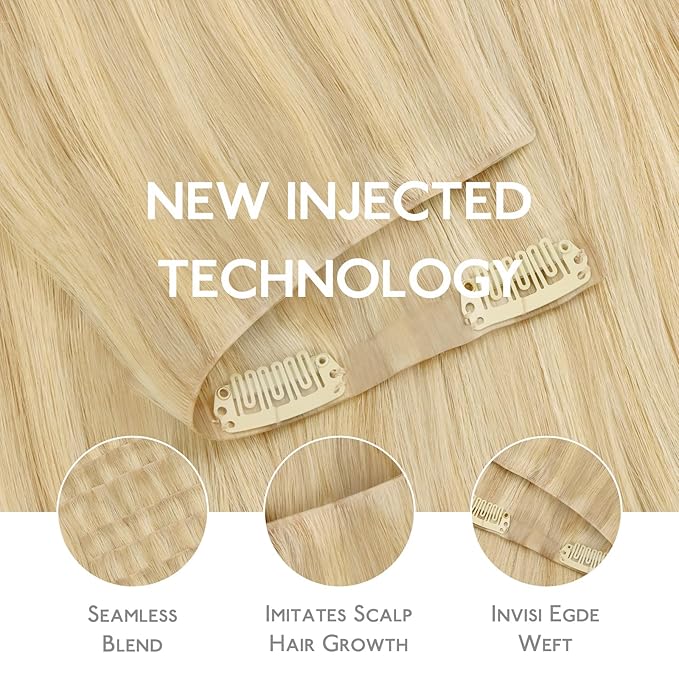 WENNALIFE Invisi Edge Clip in Hair Extensions Real Human Hair, 18 Inch 130g 7pcs Light Blonde Highlighted Golden Blonde Seamless Invisible PU Skin Weft Straight Extensiones De Cabello Hmano Clip Ins
