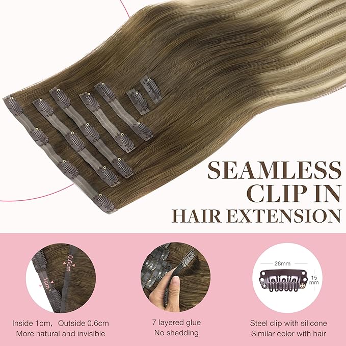 GOO GOO Clip in Hair Extensions Real Human Hair, Remy Human Hair Extensions Clip ins for Women, Natural Human Hair, 22inch 110g 7Pcs, 3/8/613 Balayage Walnut Brown to Ash Brown and Bleach Blonde