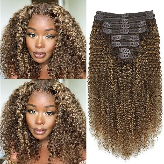 Kinky Curly Clip in Hair Extensions Real Human Hair 4/27/4 Omber Kinky Curly Clip ins For Women 3c 4a Brazilian Virgin Clip on Hair (16inch,#4/27/4)