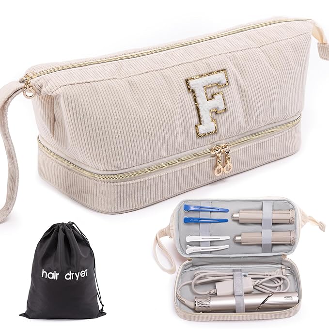 Initial Personalized Hair Dryer Case, Double-Layer Hair Tools Travel Carrying Case for Shark FlexStyle, Dyson Airwrap, and Supersonic Hair Dryer Attachments