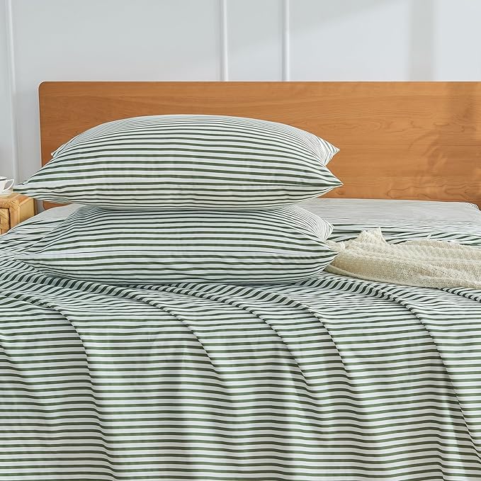 JELLYMONI 100% Natural Cotton Striped King Pillowcases Set, 2 Pack White and Green Stripes Pattern Printed Pillow Covers with Envelope Closure(Pillows are not Included)
