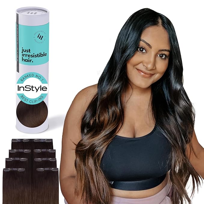 Irresistible Me Real Human Hair Extensions Clip Ins – 100% Human Hair Clip In Extensions for Length & Volume – Invisible Extension – Heat Resistant & Dyeable – Dimensional Brown, 20 Inches