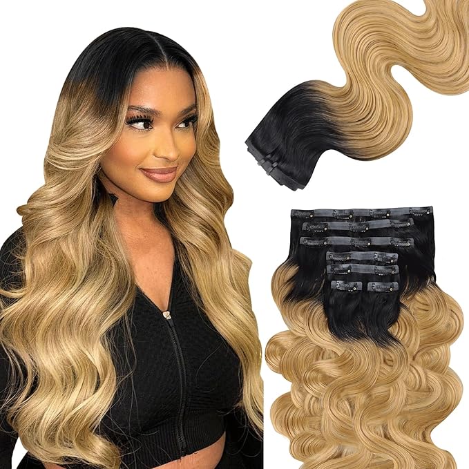 Lashey Seamless Clip in Hair Extensions Human Hair 110g 7pcs Ombre Natural Black to Honey Blonde Hair Extensions Clip ins with PU Invisi Edge 20 Inch Body Wave