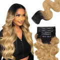 Lashey Seamless Hair Extensions Real Human Hair 110g 7pcs Body Wave 18 Inch Clip in Hair Extensions Human Hair Ombre Natural Black to Honey Blonde Hair Extension with PU Weft Invisi Edge