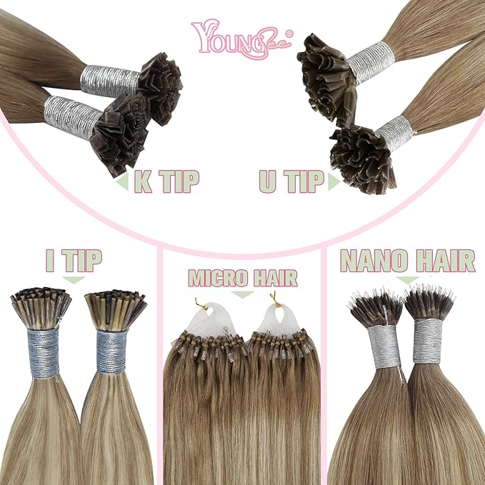 YoungSee K Tip Hair Extensions Real Human Hair Ombre Light Brown and Blonde Ktip Real Hair Extensions 1G/S 50G 22In