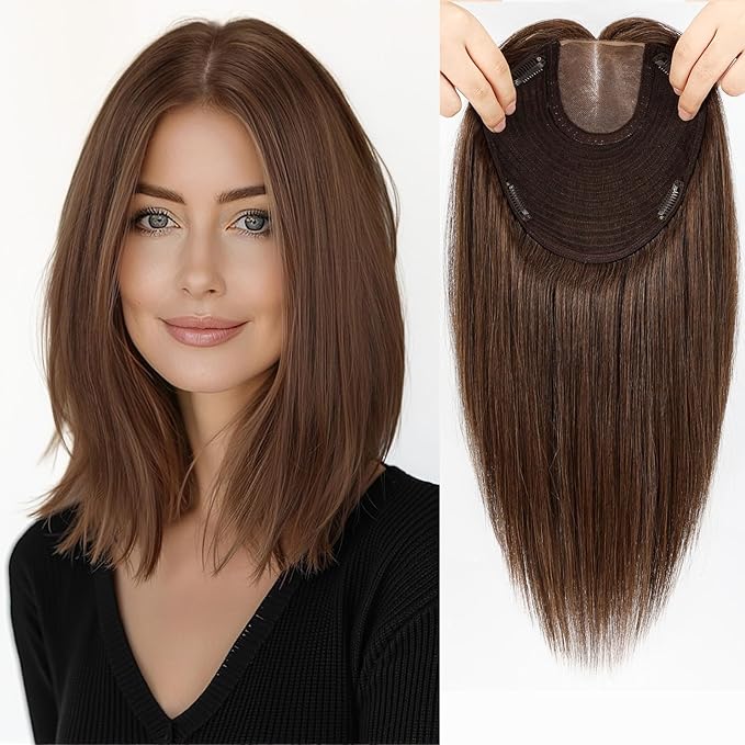 MONO TOP Hair Toppers for Women Human Hair 12 Inch 7"×8" Big Base Partial wig Cover Thinning Hair or Loss No Bangs Top Hair Pieces Natural Wiglets (Brown)