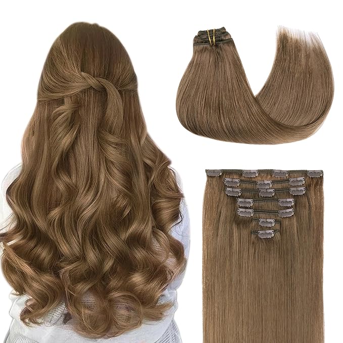 GOO GOO Clip in Hair Extensions Real Human Hair, Remy Human Hair Extensions Clip ins for Women, Natural Human Hair, 18inch 120g 7Pcs, 5 Light Ash Brown
