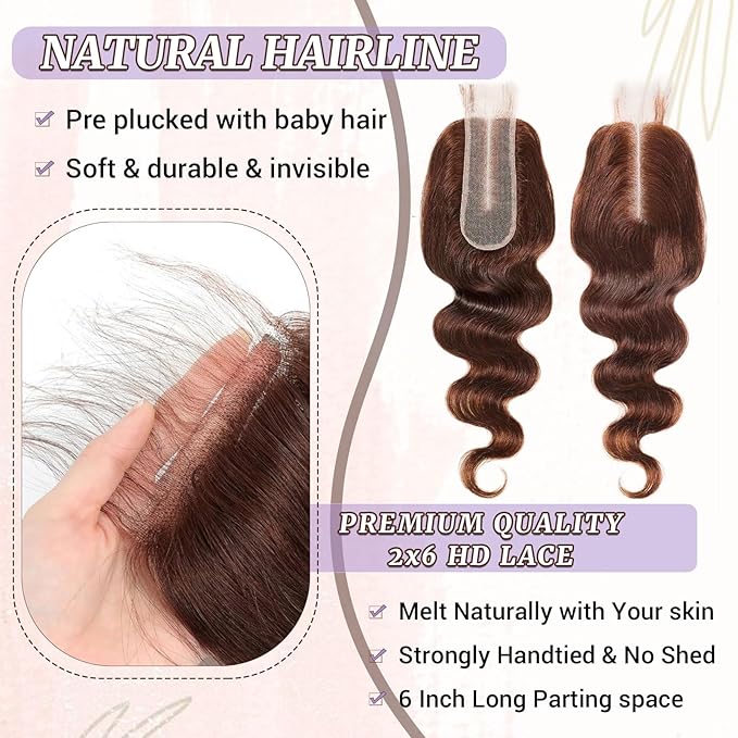 4# Chocolate Brown Color 2x6 HD Lace Closure Human Hair Body Wave Transparent Lace Closure 2x6 Long Deep Middle Part 100% Raw Virgin Human Hair 20 Inch 150% Density