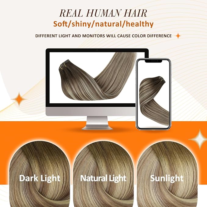 Full Shine 22 Inch Real Hair Extensions Clip in Brown Balayage Ombre Brown to Light Blonde Mix Brown Human Hair Extension Clip ins for Long Hair Add Volume 8 PCS 120 G